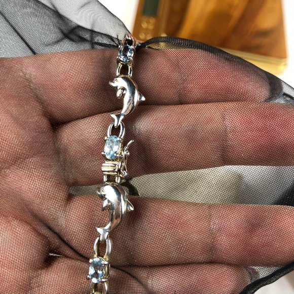 Macy’s Sterling Silver 925 Aqua Marine Dolphin Bracelet Coastal Glamcore Dainty - Picture 7 of 14